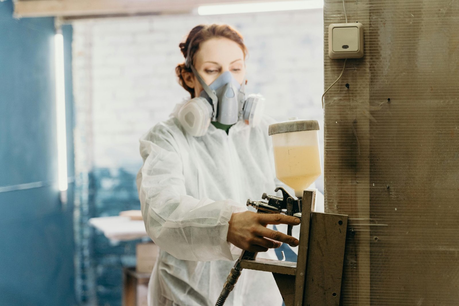 Woman wearing protective gear using a spray paint gun inside an industrial workshop.